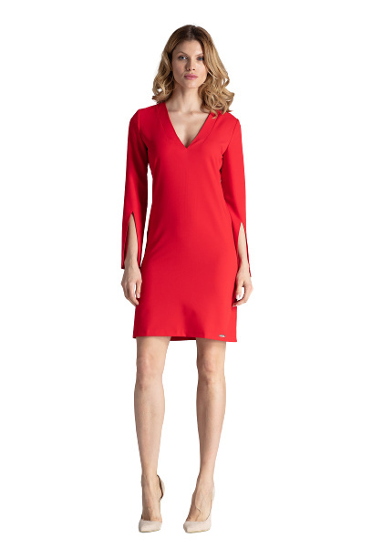 Sukienka Mini - Z Dekoltem V - czerwona